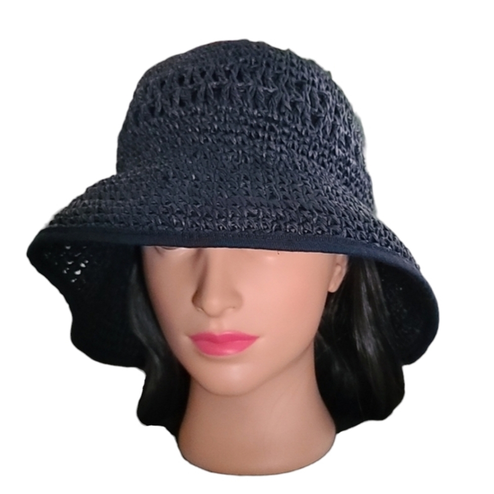VINTAGE HAWAII Navy Blue Floppy Paper Hat Wide Brim Derby Packable Deadstock - Picture 5 of 15